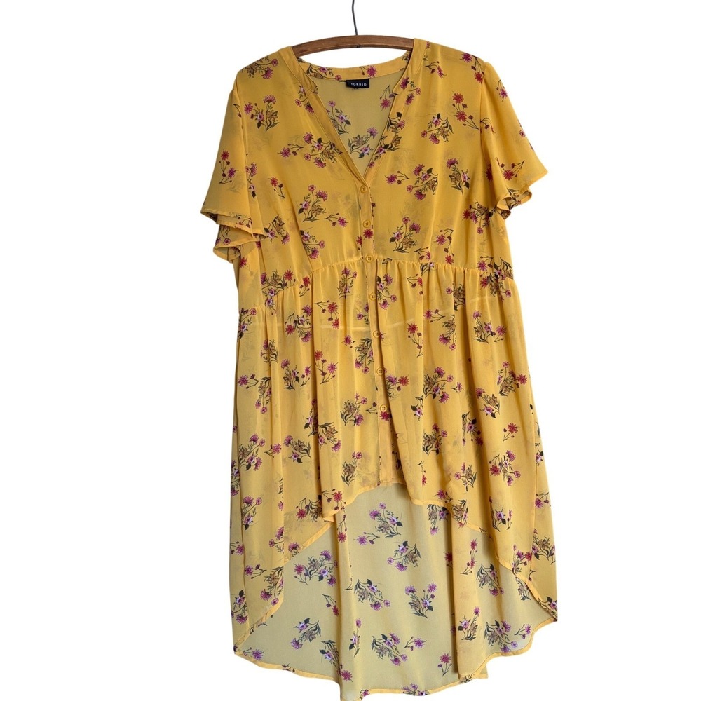 Torrid Yellow‎ Floral Chiffon High Low Button Front Tunic Top Womens Plus Size